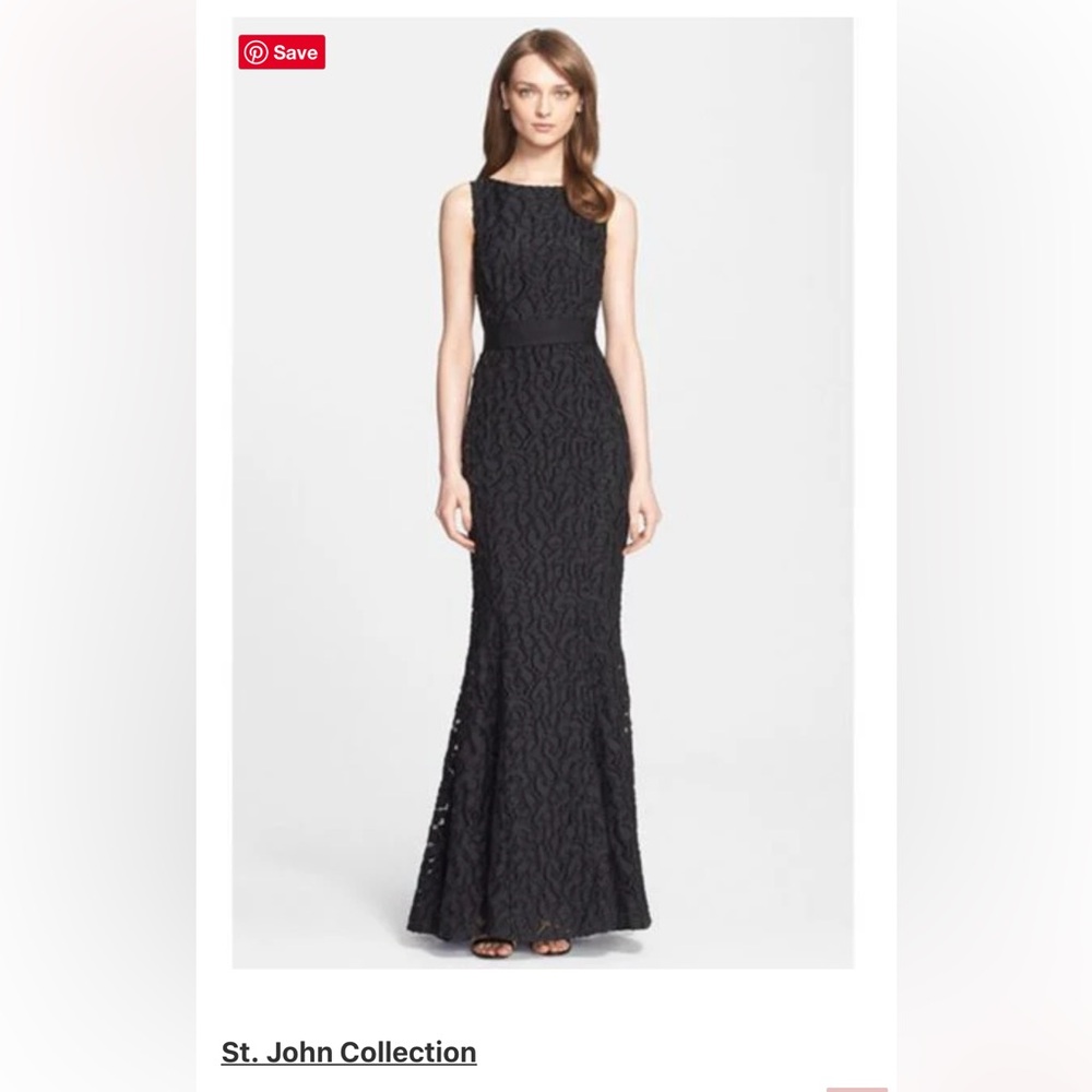 St. John Black Lace Pattern Sleeveless Gown Long Maxi Dress Sz 10 Formal Evening - Picture 3 of 17